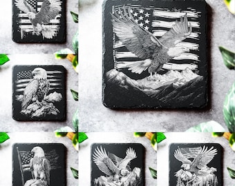 Eagle Laser Slate Board Coaster Engraving Files, Glowforge File, laser files xtool, Bald Eagle Patriot 6 PNG Bundle Laser Engraving Laser