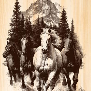 Wild Mustang Scene Laser Engraving , Horse Laser Burn files, Nature Wildlife PNG Laser ready Files.