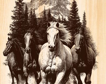 Wild Mustang Scene Laser Engraving , Horse Laser Burn files, Nature Wildlife PNG Laser ready Files.