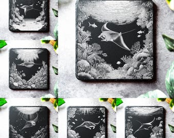 Stingray ocean Laser Slate Board Coaster Engraving Files, Glowforge File, laser files xtool, Ocean life 6 PNG Bundle Laser Engraving Laser