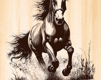 Running Horse with Dust Trail Laser Engraving, Horse Forest Scene Laser Burn files, Wildlife PNG Laser ready Files.