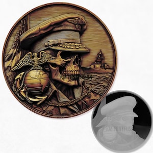 May include: A circular relief sculpture in brown tones features a skull wearing a military hat. An eagle, globe, and anchor are visible. A ship sails on the water in the background. The image includes the text "KM FONT FUSION".