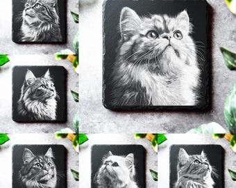Cats Laser Slate Board Coaster Engraving Files, Glowforge File, laser files xtool, Cat Fluffy Long Hair 6 PNG Bundle Laser ready files.