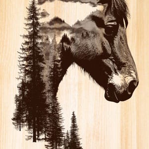 Majestic Horse Laser Burn PNG Files, Horse Mountains and forests Scene engraving laser, Nature Wildlife PNG Laser ready Files.