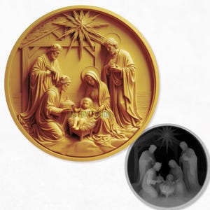 Op de afbeelding: Een cirkelvormig reliëfbeeld van de Geboorte. Het kunstwerk toont Maria, Jozef en het kindje Jezus, met de drie wijzen. Het reliëf is in een warme, gouden kleur, met een ster boven de stal.