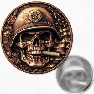 Marine Corps Skull America Flag Grayscale 3D Coin depth maps File for Fiber | Laser File | Height Map| 3D Laser Engrave | Lightburn | PNG