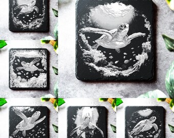 Sea Turtle Laser Slate Board Coaster Engraving Files, Glowforge File, laser files xtool, Ocean life 6 PNG Bundle Laser Engraving Laser files