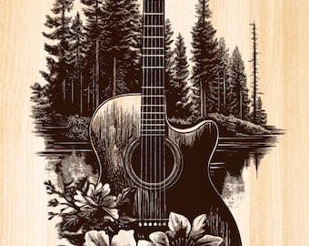 Guitar forest Laser Burn PNG Files, Guitar and Wild Flowers Scene engraving laser, Music Lover PNG Laser ready Files.