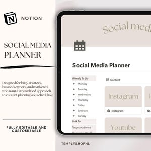 以下が含まれることがあります： Notion 用に設計されたソーシャルメディアのデジタルプランナーテンプレート。テンプレートには、カレンダーアイコン、週間ToDoリスト、Instagram、YouTube、その他のソーシャルメディアプラットフォームのセクションが含まれています。テンプレートは完全に編集可能でカスタマイズ可能です。