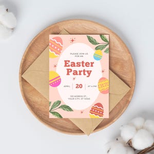 BEWERKBARE Canva uitnodiging voor paasfeest, paasevenement uitnodigen, sjabloon voor paasviering, lentebijeenkomst, vakantiefeestje uitnodigen,