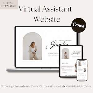 May include: A digital download graphic displaying a virtual assistant website design. The design is shown on a laptop, tablet, and smartphone. The website features a woman in a beige suit. Text includes "Virtual Assistant Website" and "Jennifer."