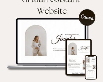 May include: A digital download graphic showcasing a virtual assistant website design. The design is displayed on a laptop, tablet, and smartphone. The website features a woman in a beige suit. Text includes "Virtual Assistant Website" and "Jennifer."
