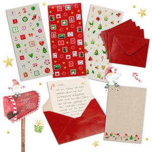 GreenLine Wichtelpost Set Weihnachten | 1x Block, 25x Umschläge, 3x Stickerbogen mit Zahlen 1-24, Briefmarken und Motiven | Adventskalender