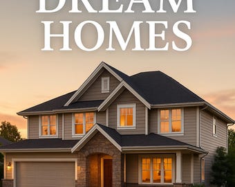 May include: A two-story house with a beige exterior, black roof, and a stone-covered entrance. The image features the text "105 DREAM HOMES" in white letters against a sunset sky. The house has multiple windows and a well-maintained lawn.