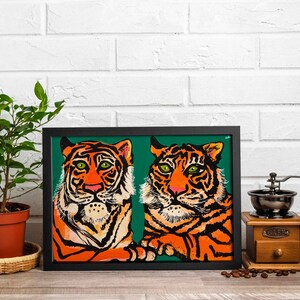 Impression giclée moderne de jumeaux tigre, impression d'art pour chambre de lits jumeaux, ensemble d'impressions de naissance de jumeaux, filles jumelles, garçons jumeaux, cadeau jumeau garçon et fille, affiche animal image 2