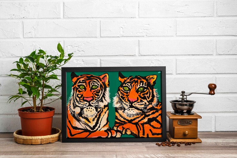 Impression giclée moderne de jumeaux tigre, impression d'art pour chambre de lits jumeaux, ensemble d'impressions de naissance de jumeaux, filles jumelles, garçons jumeaux, cadeau jumeau garçon et fille, affiche animal image 2