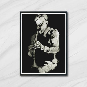 May include: A black and white painting of a person playing a clarinet. The person is wearing a hat and sunglasses. The painting is framed in a black frame.