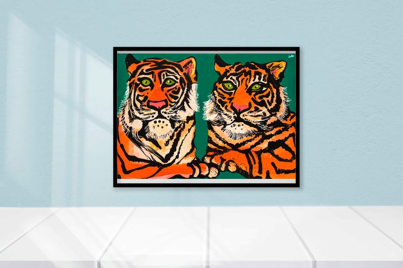 Impression giclée moderne de jumeaux tigre, impression d'art pour chambre de lits jumeaux, ensemble d'impressions de naissance de jumeaux, filles jumelles, garçons jumeaux, cadeau jumeau garçon et fille, affiche animal image 8