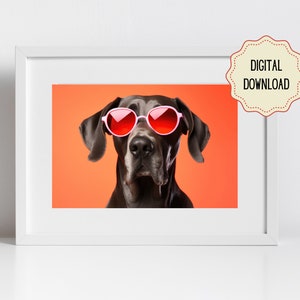 Cool Dog Wall Art – Great Dane in Heart Sunglasses Digital Download | Funny Pet Printable Poster | Dog Lover Home Decor