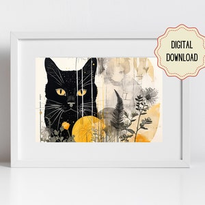 Black Cat Wall Art – Botanical Yellow Floral Digital Download – Modern Cat Illustration – Printable Cat Lover Gift – Boho Home Decor