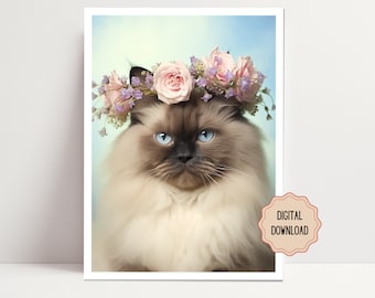 Himalayan Cat Wall Art – Blue-Eyed Floral Crown Digital Download | Vintage Pet Portrait Printable | Cat Lover Gift | Feline Decor