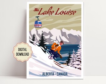 Lake Louise Ski Poster, Vintage Alberta Canada Travel Print (Digital Download)