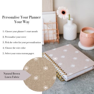 Dated Weekly Planner Light Brown Cloth you DECIDE when to START organiser gift for her monthly, weekly book Personalised Planner image 2