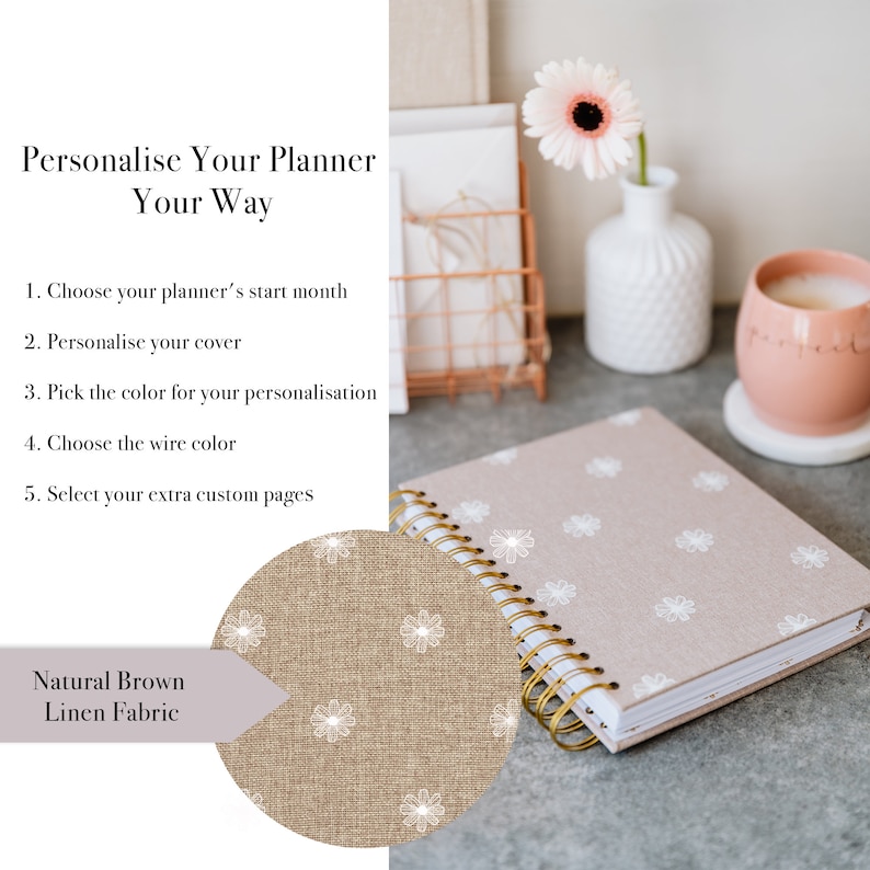 Dated Weekly Planner Light Brown Cloth you DECIDE when to START organiser gift for her monthly, weekly book Personalised Planner image 2