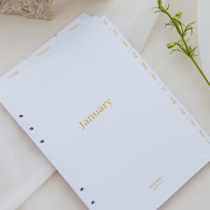 Può includere: Un foglio di inserimento per agenda bianco con testo dorato January, dotato di schede mensili da Jan a Nov e schede aggiuntive per Today, Priority e Notes. La carta presenta un motivo a foglie in rilievo e sei fori circolari per raccoglitore.