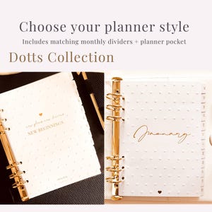 Op de afbeelding: Een witte ringbandplanner uit de Dotts Collection met gouden metalen ringen en reliëf witte stippen. De omslag toont de tekst New Beginnings en January in goudkleurig schrift. Inclusief maandelijkse tabbladen en een planner-opbergvak.