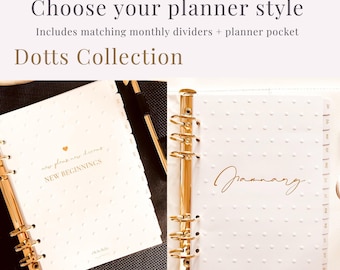 May include: A white ring-bound planner from the Dotts Collection featuring gold metal rings and embossed white dots. The cover displays the text New Beginnings and January in gold script. Includes monthly dividers and a planner pocket.