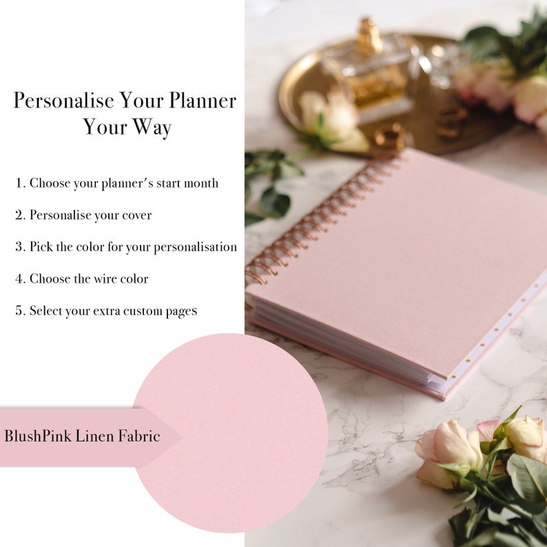 Dated Weekly Planner Pink Cloth you DECIDE when to START organiser gift for her monthly, weekly book Personalised Planner image 2