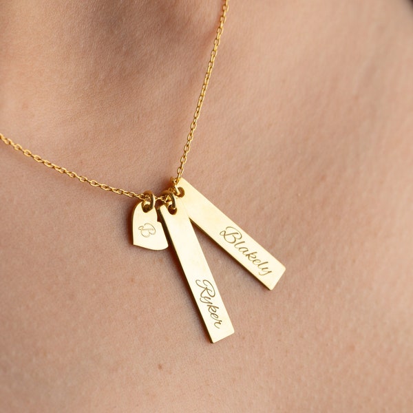Engraved Name Bar Necklace, Heart Name Necklace, Vertical Bar Necklace with Heart Charm, Family Name Necklace, Initial Heart Necklace