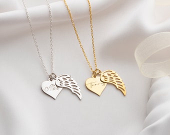 Custom Memorial Name Necklace, Hug from Heaven Memorial Wing Necklace, Engraved Heart Name Necklace with Angel Wing,Sympathy Condolence Gift