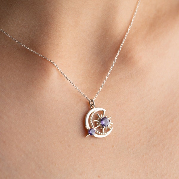 Sun-Moon Necklace with Birthstone, Trendy Birthstone Necklace, Dainty Birthstone Necklace, Gemstone Necklace, Christmas Gift for Mom-Wife