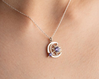 Sun-Moon Necklace with Birthstone, Trendy Birthstone Necklace, Dainty Birthstone Necklace, Gemstone Necklace, Christmas Gift for Mom-Wife