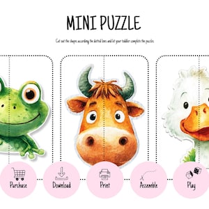 May include: A children's mini puzzle featuring a green frog, a brown cow, and a white duck. The puzzle pieces are separated by dotted lines. The text "MINI PUZZLE" is at the top, with instructions below. Pink circles with icons and text are at the bottom.
