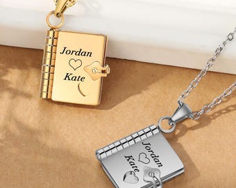 Personalized Engraved Book Locket Necklace, Mini Book Necklace with 6 Pages, Book Lover Gift, Memorial Jewelry, Daughter Gifts from Mom Dad