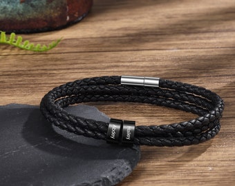 Personalized Mens Leather Bracelet, Custom 1-6 Kids Names Bracelet, Handmade Leather Jewelry with Black Beads,Father&#39;s Day Gift,Gift For Him