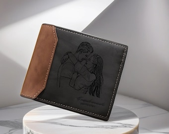 May include: A black leather wallet with a brown leather accent. The wallet has a laser engraved design of a couple embracing. The text "forever" is engraved below the design.