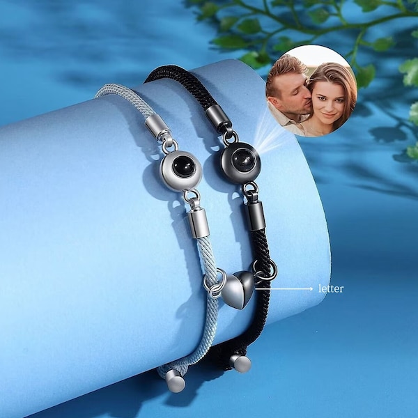 Set of 2 Photo Projection Bracelet,Magnetic Bracelets for Couples,Matching Bracelets,Long Distance Bracelets,Anniversary Gift,Couples Gift