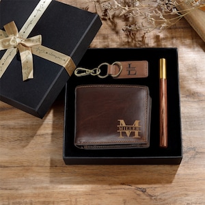 Conjunto de presentes personalizados para o pai, caixa de presente tipo carteira para o dia dos pais, carteira de couro com nome personalizado e chaveiro, presente para o marido, presente de aniversário para ele