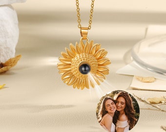 Sunflower Photo Projection Necklace,Custom Picture Inside Pendant Necklace,Personalized Gift for Mom Necklace,Gift for Her,Grandma Gift