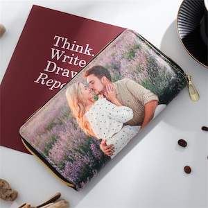 Cartera personalizada personalizada con 2 fotos coloridas para mujer, cartera de cuero PU, cartera con cremallera larga, regalo para ella, regalo para mamá, regalo del Día de la Madre