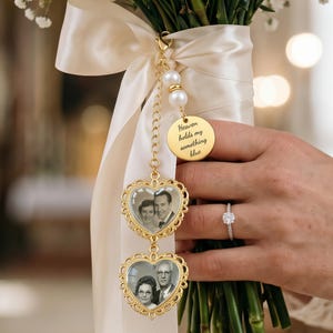 Anpassad fotobröllopsbukettberlock, personlig brudgumsboutonniere-nål, brudbukettbrosch, minnesgåva