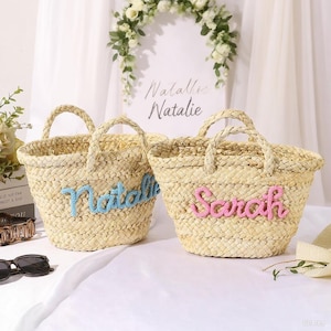 Straw Beach Bag With Embroidered Name,Personalized Straw Bridesmaid Handbag, Custom Bachelorette Party Gift Basket Gifts, Wedding Party Gift