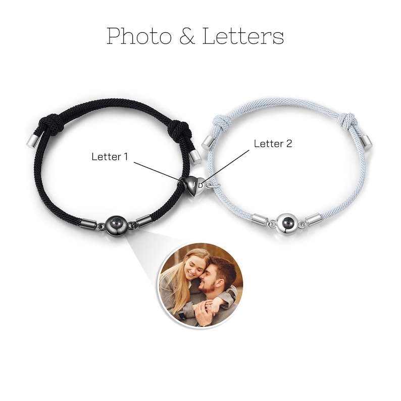 Set of 2 Photo Projection Bracelet,Magnetic Bracelets for Couples,Matching Bracelets,Long Distance Bracelets,Anniversary Gift,Couples Gift Photo&Letters
