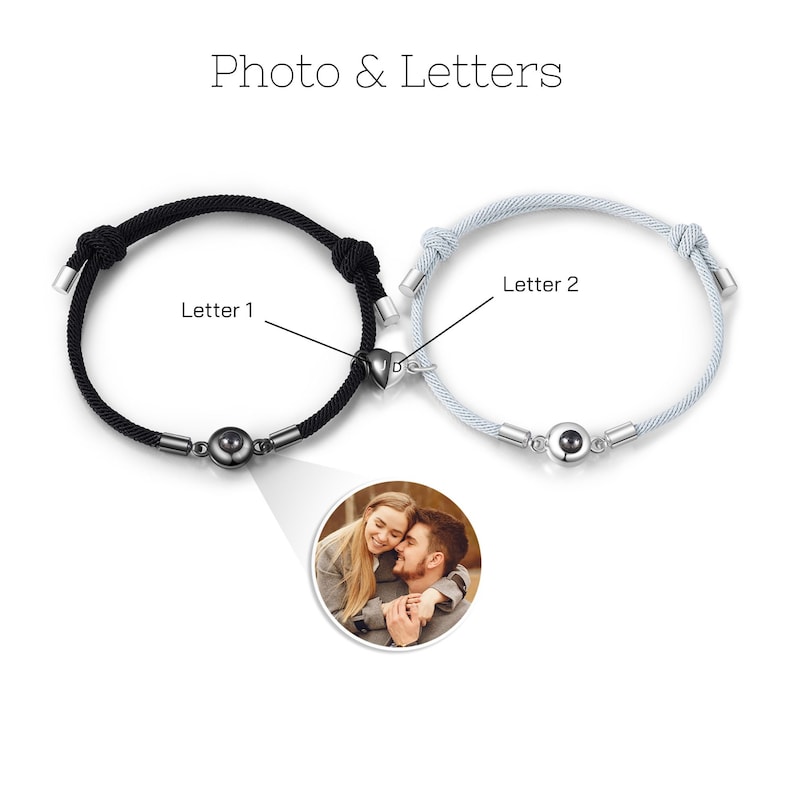 Conjunto de 2 pulseras de proyección de fotos, pulseras magnéticas para parejas, pulseras a juego, pulseras de larga distancia, regalo de aniversario, regalo de parejas Photo&Letters