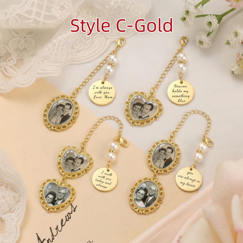 Ciondolo personalizzato con foto per bouquet, ciondolo personalizzato per bouquet da sposa, spilla commemorativa per lo sposo, regalo in ricordo della sposa Style C-Gold