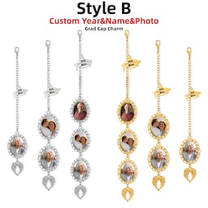 May include: A collection of silver and gold-toned metal graduation cap charms featuring oval photo frames, delicate chains, and wing-shaped pendants. Each charm includes a miniature graduation cap with the text 2020 Miles engraved on the surface.